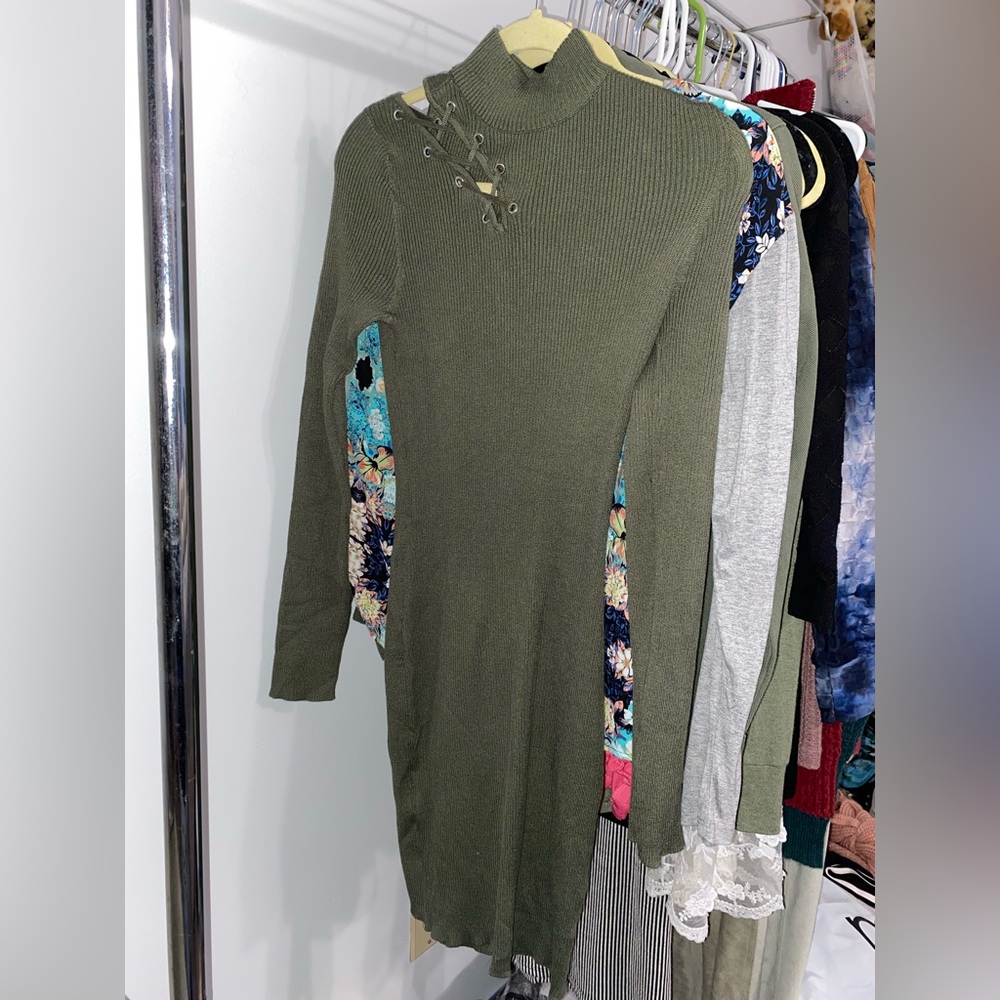 Olive Green Ribbed Knit Dress